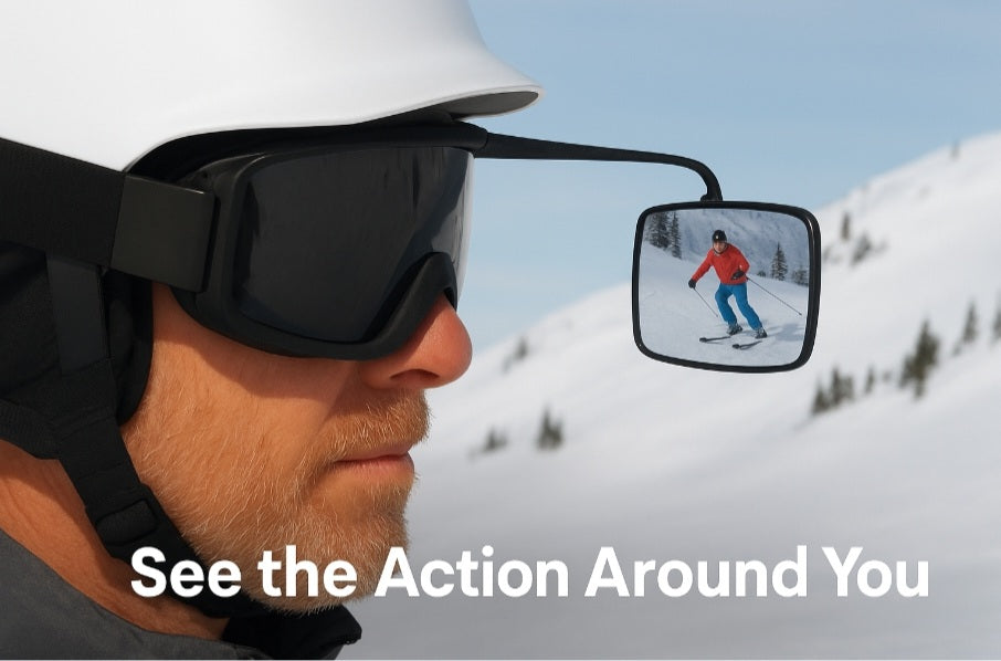 SideEye&trade; helmet mirror showing a skier reflected in the lens &mdash; See the Action Around You